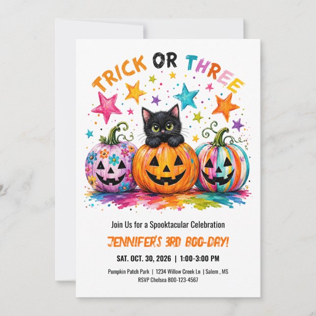 Invitación Trick or Three Cumpleaños 3º Fiesta de Halloween G (Anverso)