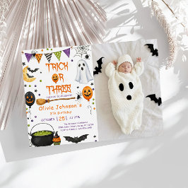 Invitación Trick Or Three Halloween Groovy Fantasma Cumpleaño