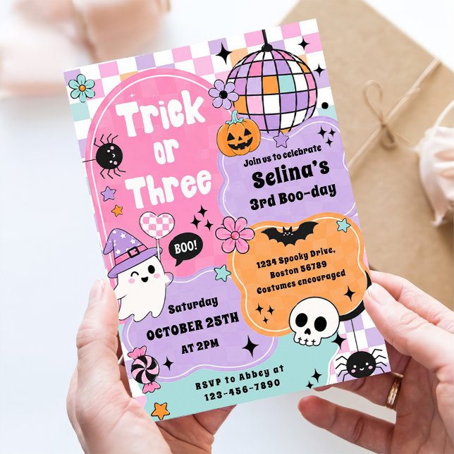 Invitación Trick Or Three Halloween Groovy Fantasma Cumpleaño (Subido por el creador)
