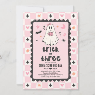 Invitación Trick Or Three Halloween Niña Fantasma 3er Cumplea