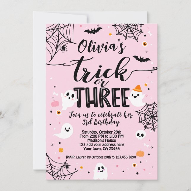 Invitación Trick or Three Pink Halloween Cute Ghost (Anverso)