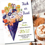Invitación Trick or Treat Witch Hat Halloween Food Birthday<br><div class="desc">Trick or Treat kids halloween themed birthday invitation. Design features witch's hat filled to the brim with spooktacular halloween treats and candy including ghost cookies, eyeball muffins and skull ice cream. If you would like any matching items, please browse my halloween party food collection or message me to create the...</div>