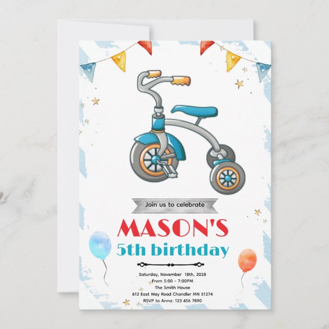 Invitación Tricycle birthday party invitation (Anverso)