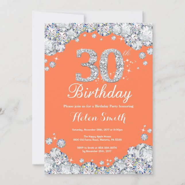 Invitación trigésimo Coral del cumpleaños y diamante de la (Anverso)