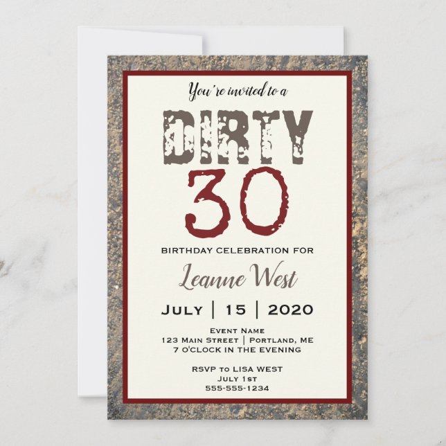 Invitación Trigésimo cumpleaños 30 sucios (Anverso)