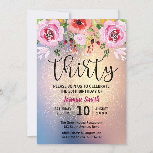 Invitación Trigésimo cumpleaños del purpurina floral moderno (Anverso)