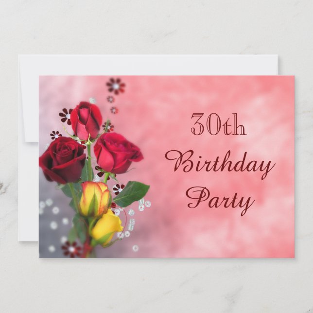 Invitación Trigésimo cumpleaños elegante de los rosas rojos y (Anverso)