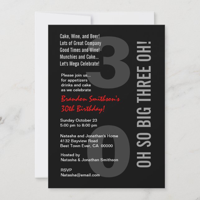 Invitación trigésimo ¡Rojo blanco TRES OH del negro moderno (Anverso)