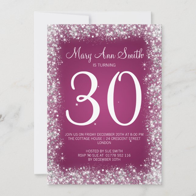 Invitación trigésimo Rosa chispeante del purpurina de la (Anverso)