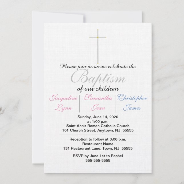 Invitación Trillizos azul rosado de bautismo (Anverso)