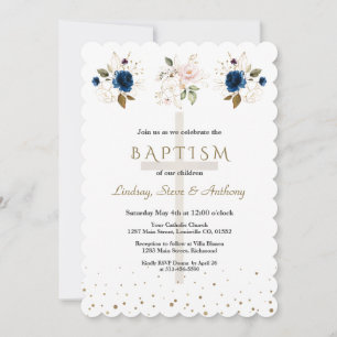 Invitación Trillizos Bautismo Floral Azul Marino Rosa