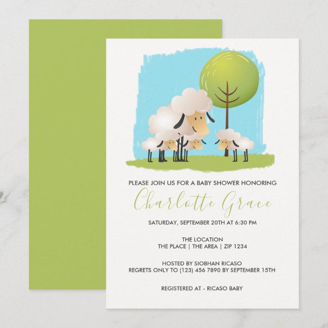 Invitación Trillizos De Baby Shower De Ovejas Y Lambs (Anverso / Reverso)
