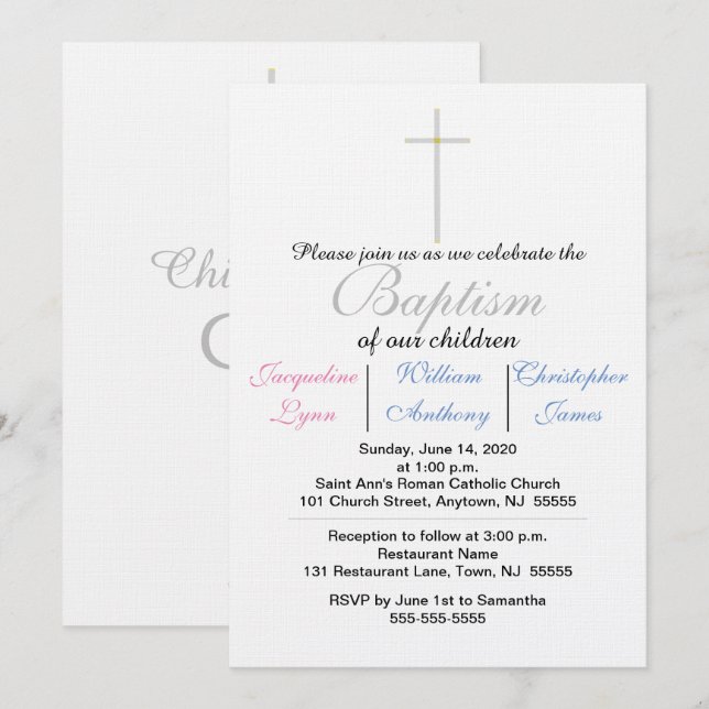 Invitación Trillizos de Bautizo Azul Rosa (Anverso / Reverso)