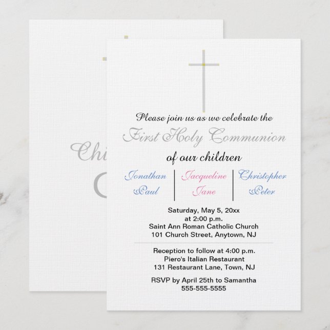 Invitación Trillizos de Primera Comunión Azul Rosa (Anverso / Reverso)
