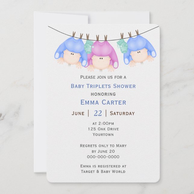 Invitación Trillizos en Clothesline Baby Shower (Anverso)