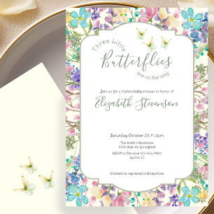 Invitación Trillizos Pequeñas Mariposas Floral Baby Shower