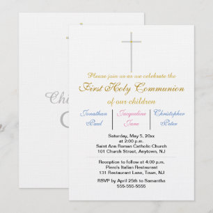 Invitación Trillizos Primera Comunión Oro Azul Rosa