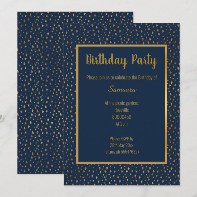 INVITACIÓN TRIM ELEGANTE CUMPLEAÑOS DE ORO DE NAVY (Anverso / Reverso)