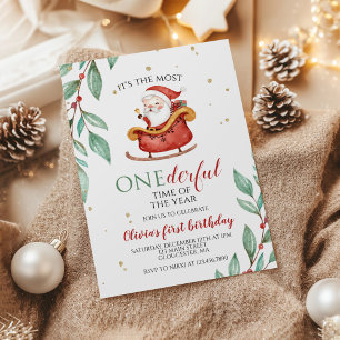 Invitación Trineo de Santa Navidad Onederful Primer Cumpleaño