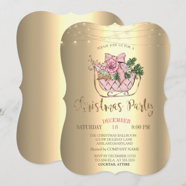 Invitación Trineo Rosa Chic, Luces de Cadena Doradas (Anverso / Reverso)
