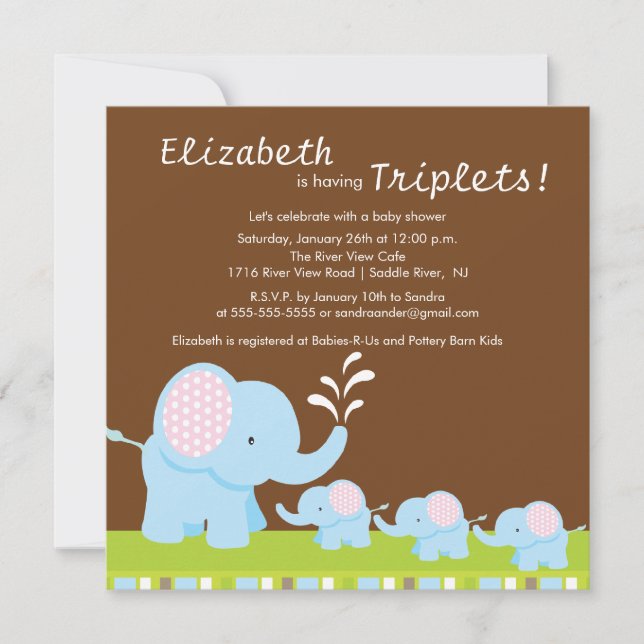 Invitación Tríos Baby Shower de los elefantes de la mamá y (Anverso)