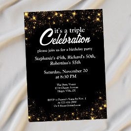 Invitación Triple Celebración Cumpleaños Común Dorado Negro