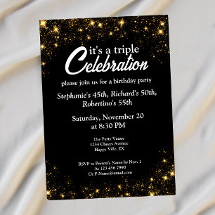 Invitación Triple Celebración Cumpleaños Común Dorado Negro