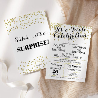 Invitación Triple Celebration Confetti Faux Gold Invitation