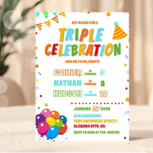 Invitación triple cumpleaños hermano fiesta conjun