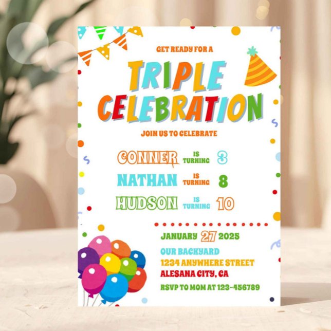 Invitación triple cumpleaños hermano fiesta conjun (Triple Birthday Invitation Sibling Joint Party)