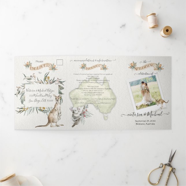 Invitación triple de boda en Australia (Exterior)