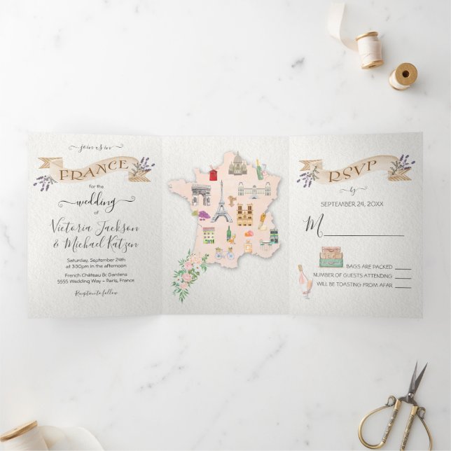 Invitación triple de boda en Francia (Interior)