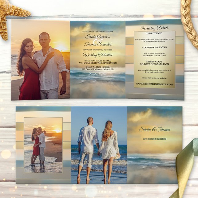 Invitación triple de bodas de destino de playa (Tri-fold wedding invitation featuring your photos on a painting of a sunset at a stormy beach)
