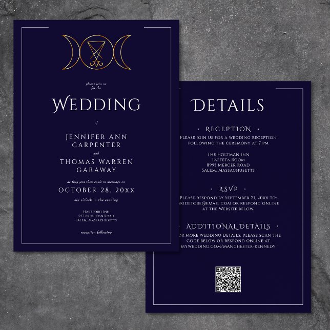 Invitación Triple diosa Boda azul de la luna en Wiccan de dos (Triple Goddess Wiccan Moon Blue Wedding Two Sided Invitation)