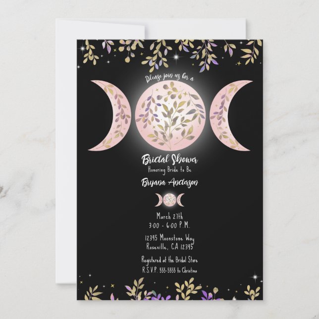 Invitación Triple Diosa de la Luna Ducha Botánica Negra Brida (Anverso)