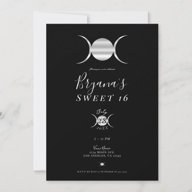 Invitación Triple diosa Moon Cycle Silver y Black Sweet 16 (Anverso)