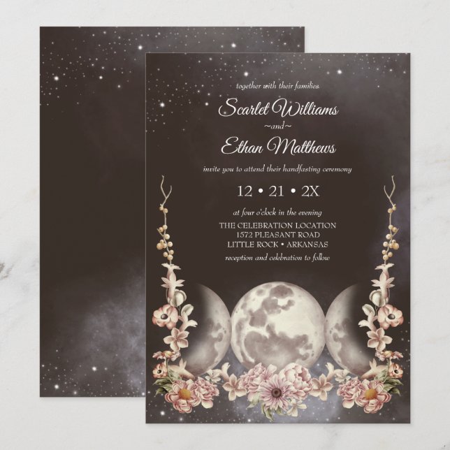 Invitación Triple Fase de la Luna Boho Manejo Floral (Anverso / Reverso)
