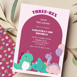 Invitación Triple rosa tres-rex cumpleaños de un tercer dinos