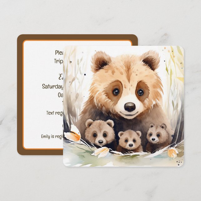Invitación Triplet Baby Shower Mama Bear y Cubs (Anverso / Reverso)