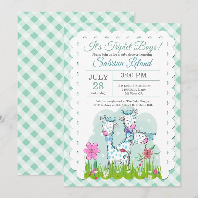 Invitación Triplet Boys Adorable Giraffes Baby Shower (Anverso / Reverso)