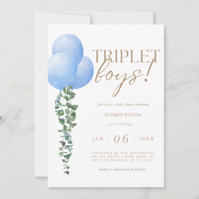 Invitación Triplet Boys Blue Balloon Baby Shower (Anverso)