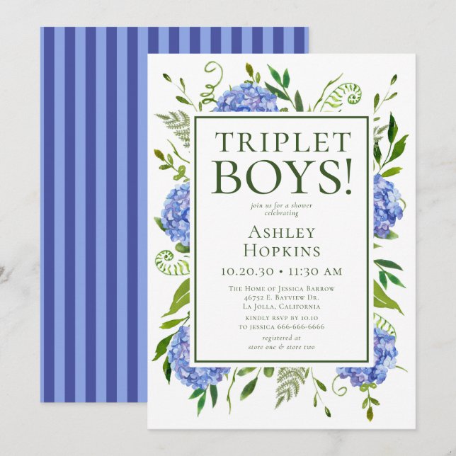 Invitación Triplet Boys Blue Hydrangeas Baby Shower (Anverso / Reverso)