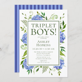 Invitación Triplet Boys Blue Hydrangeas Baby Shower
