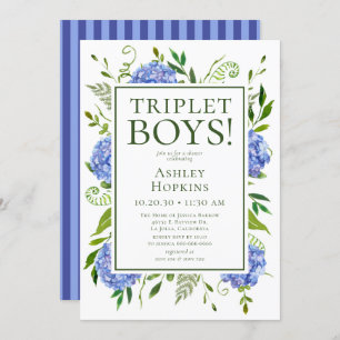 Invitación Triplet Boys Blue Hydrangeas Baby Shower