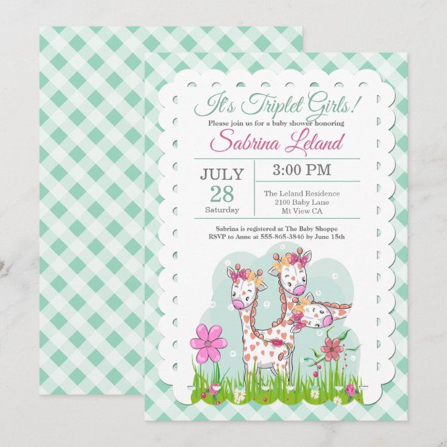 Invitación Triplet Chicas Adorables Giraffes Baby Shower (Anverso / Reverso)