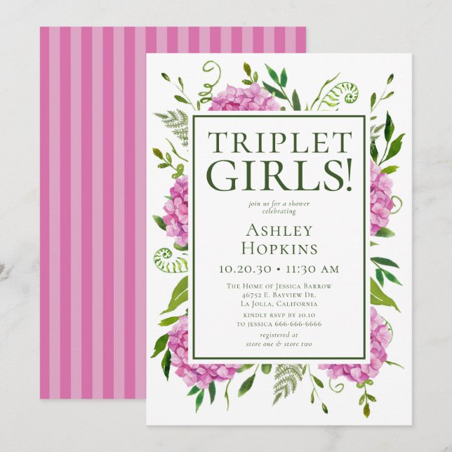 Invitación Triplet Chicas Pink Hydrangeas Baby Shower (Anverso / Reverso)