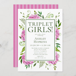 Invitación Triplet Chicas Pink Hydrangeas Baby Shower
