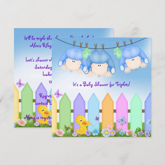 Invitación Triplets Baby Boy Shower (Anverso / Reverso)