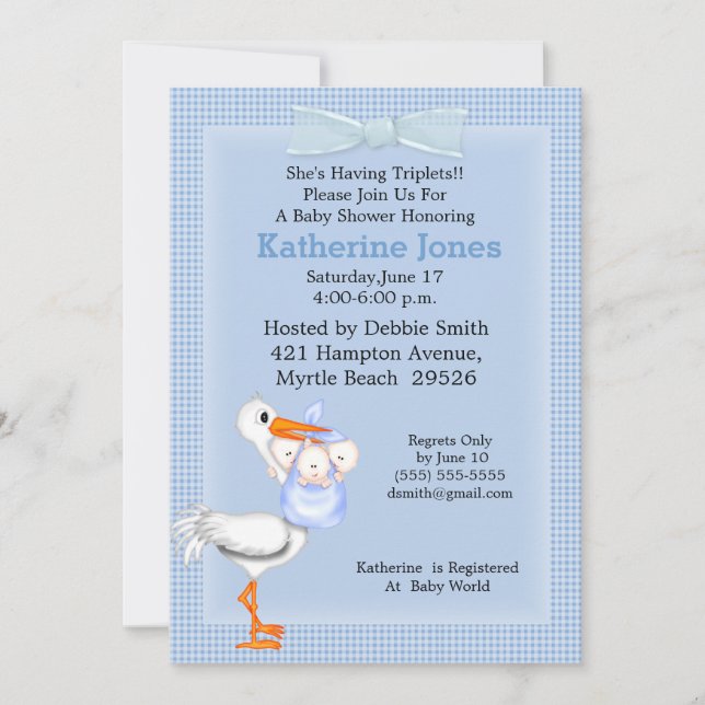 Invitación Triplets Baby Boy Shower Invitation (Stork) (Anverso)