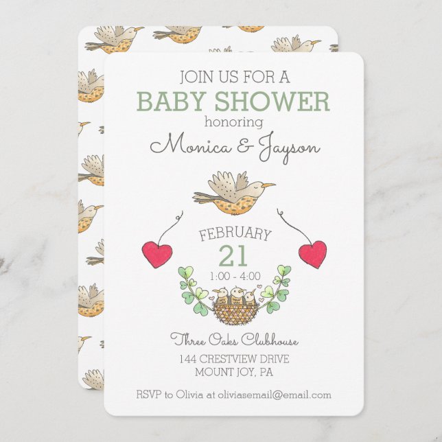 Invitación Triplets Baby Shower Bird and Nest (Anverso / Reverso)